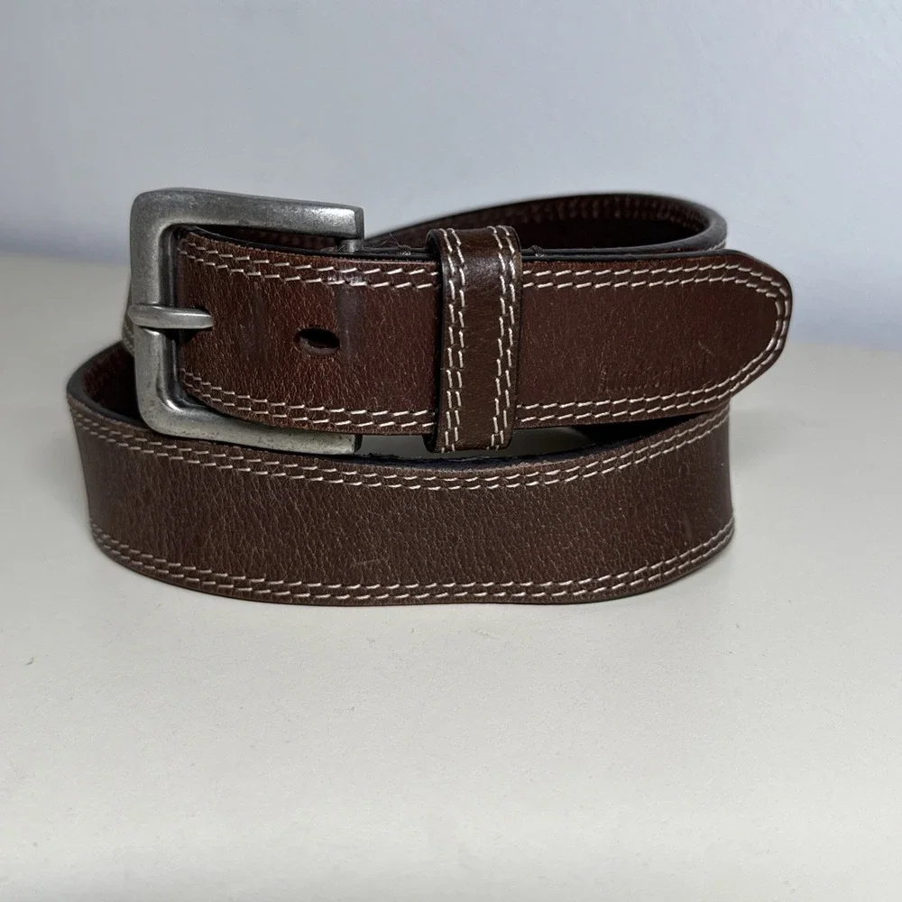 Men's Belt Size 32/82 Timberland Brown Leather Double Stitched Leather